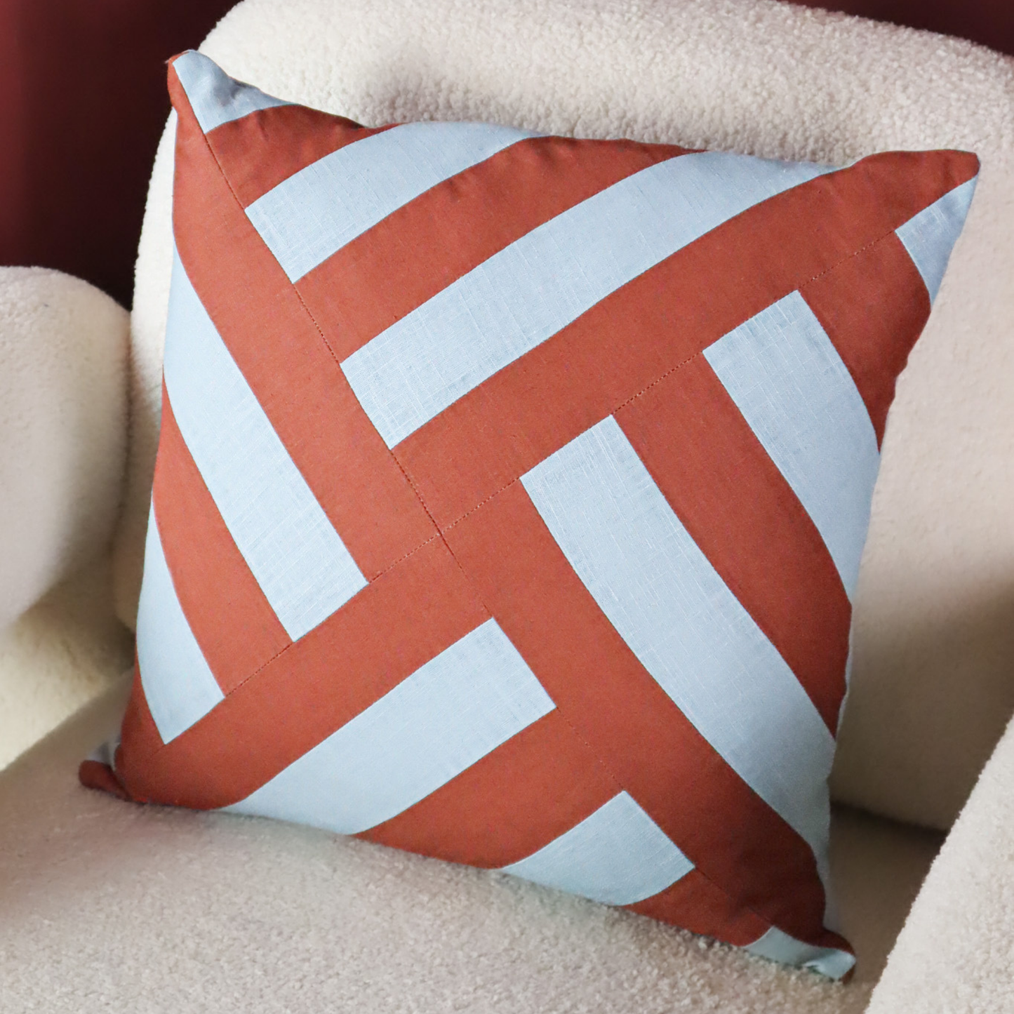Linen Patchwork Cushion | Periwinkle & Rust