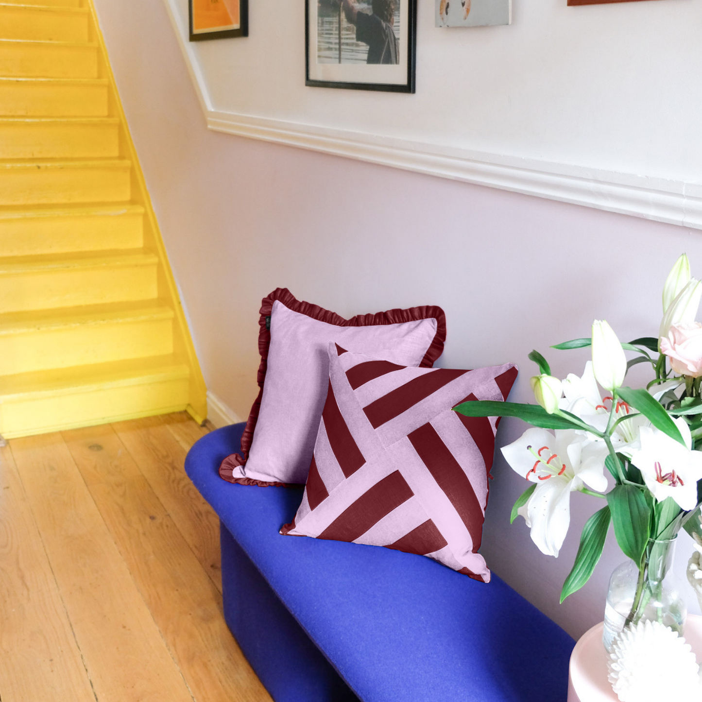 Linen Patchwork Cushion | Fuchsia Hedgerow